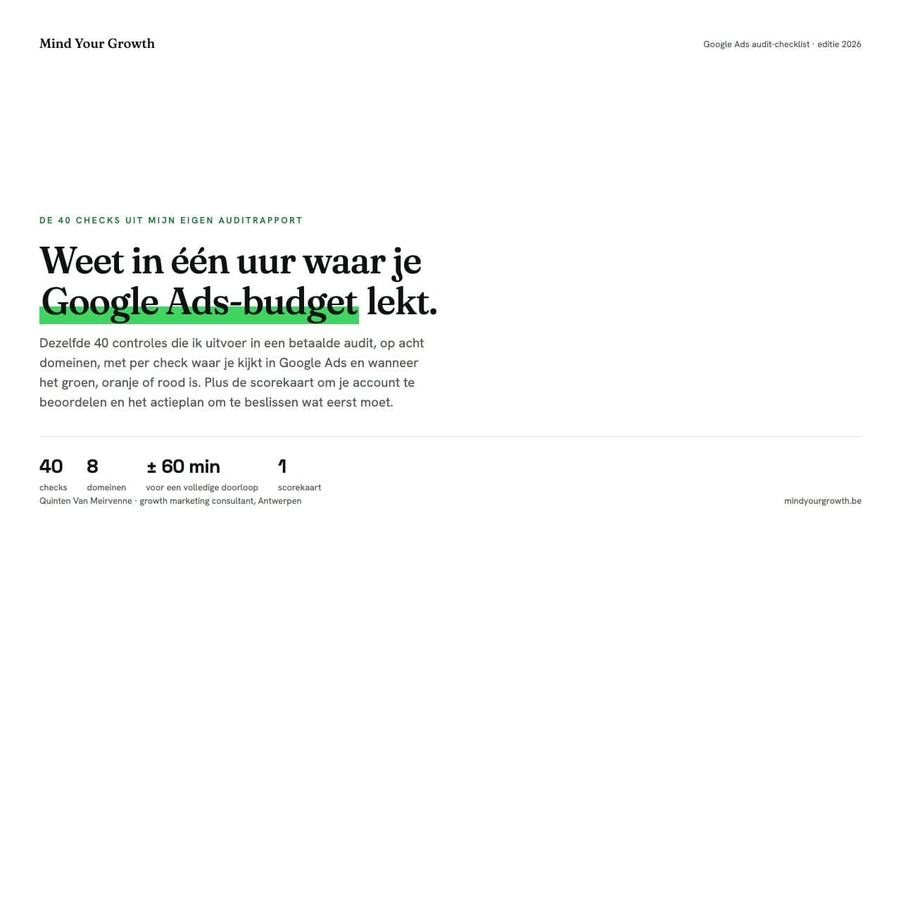 Preview van de Google Ads audit-checklist: de cover en de uitleg van het scoresysteem